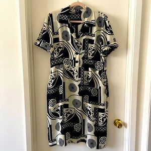 Vintage 1980s home made sheer navy/cream geo print dress